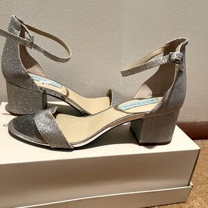 Betsy Johnson 2 inch heels. Silver sparkle,  open toe with ankle strap.
